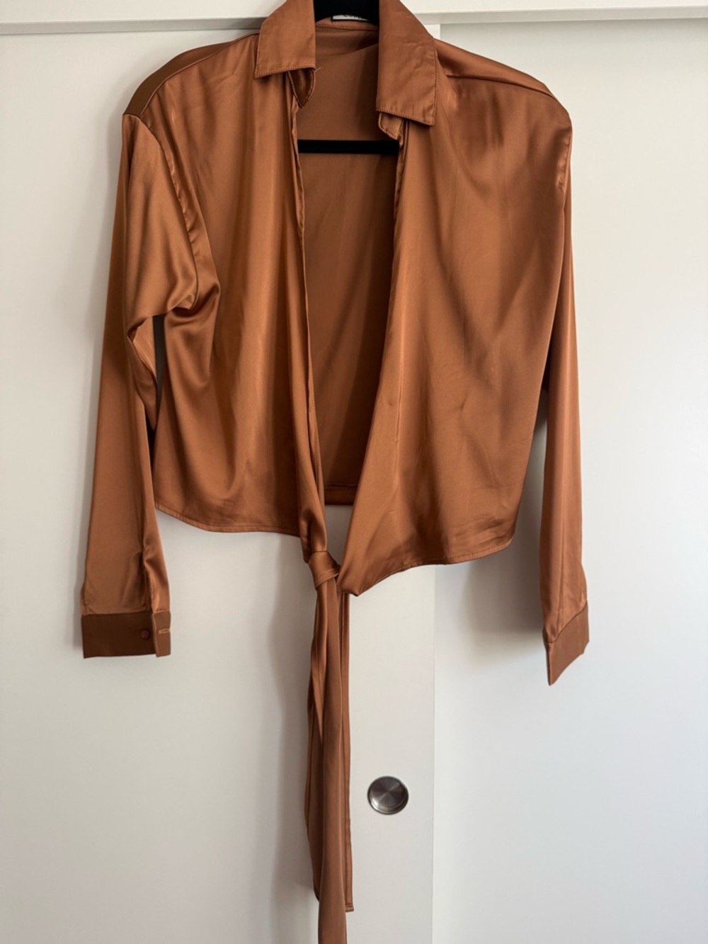 Satin Tie-Front Blouse in Warm Copper